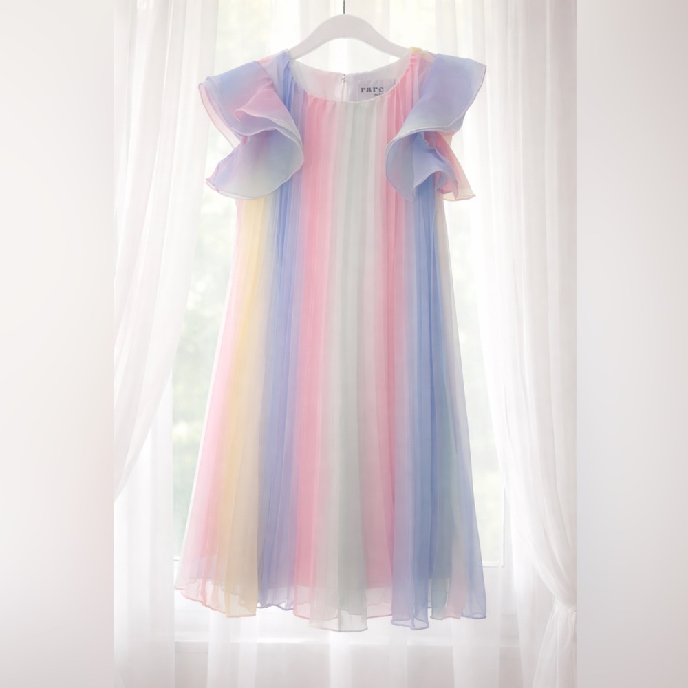Lot of 4 NWT Rare Editions Pastel Striped Dresses with Ruffle Sleeves.